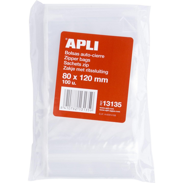 Apli Pack de 100 Bolsas de Auto Cierre 80 x 120 mm - Cierre Seguro - Aptas para Alimentos