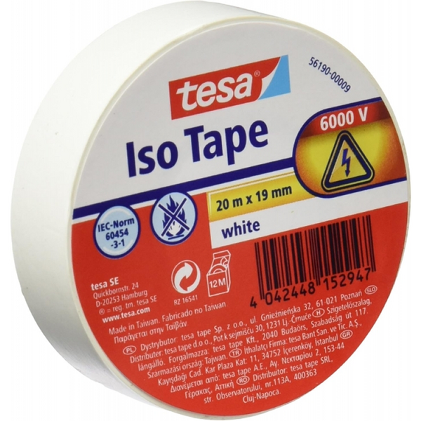 Tesa Cinta Aislante 19mm x 20m - Fabricada en PVC - Para Reparar, Aislar y Agrupar todo tipo de Cables Electricos - Color Blanco