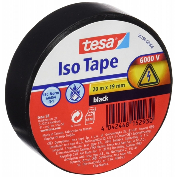 Tesa Cinta Aislante 19mm x 20m - Fabricada en PVC - Para Reparar, Aislar y Agrupar todo tipo de Cables Electricos - Color Negro