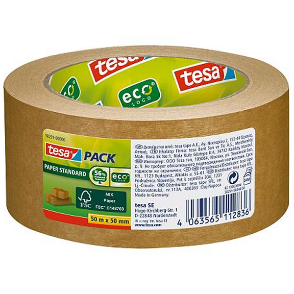 Tesa Tesapack Paper Standard Cinta Adhesiva de Papel 50mmx50m - Hecho con 56% de Materiales Biodegradables - Papel Procedente de